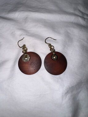 Boho Natural Wood Disc Drop Earrings - Gold Tone Hardware